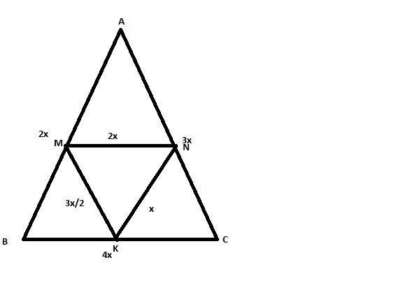 The ratio of the lengths of the sides of △ABC is 2:3:4. Points M, N, and K are the-example-1