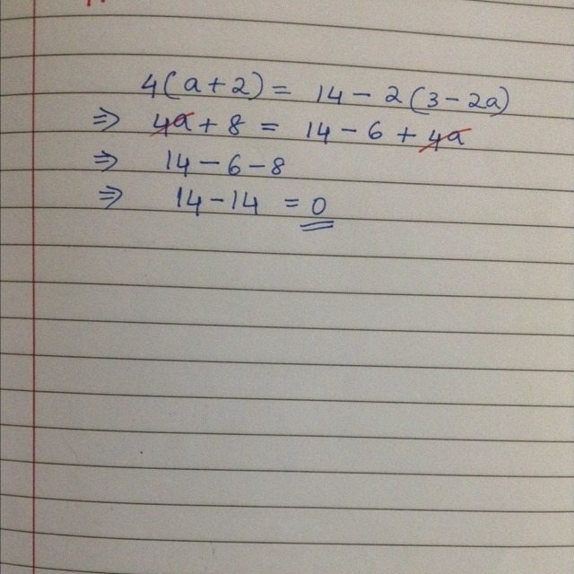 Solve. 4(a + 2) = 14 – 2(3 – 2a) all real numbers –1 –2 no solution-example-1