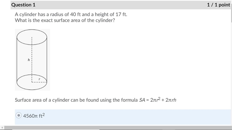 A cylinder has a radius of 40 ft and a height of 17 ft. What is the exact surface-example-1