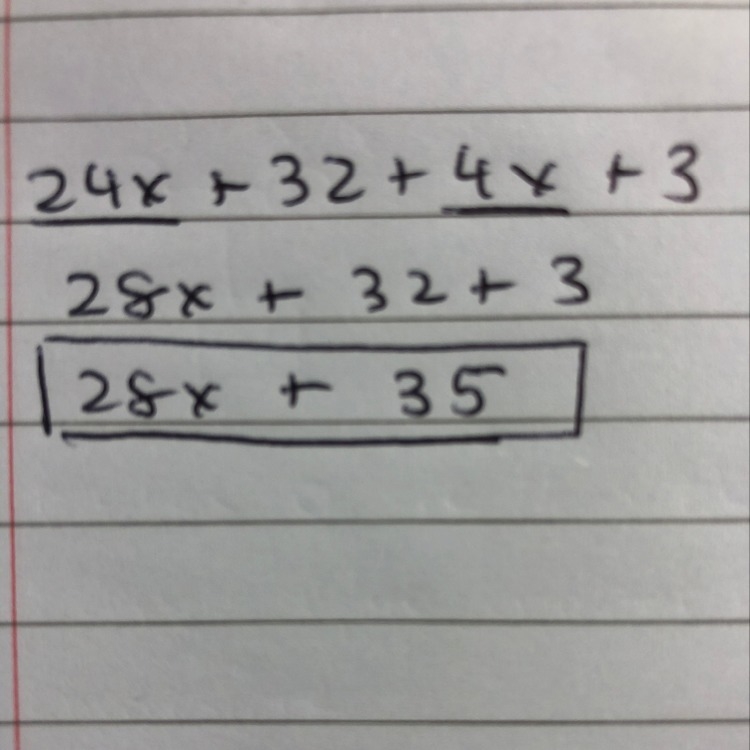 Simplify the expression; 24x+32+4x+3. what is the coefficient of x? what is the constant-example-1