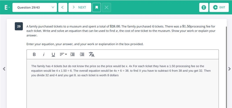 A family purchased tickets to a museum and spent a total of $38.00. The family purchased-example-1