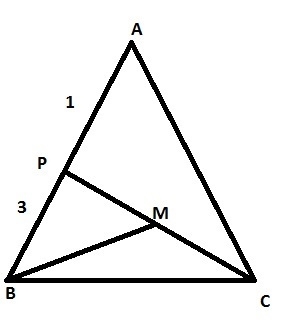 In △ABC, point P∈ AB is so that AP:BP=1:3 and point M is the midpoint of segment CP-example-1