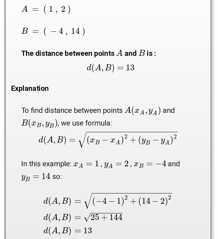 Determine the distance between 1,2 and -4,14-example-1