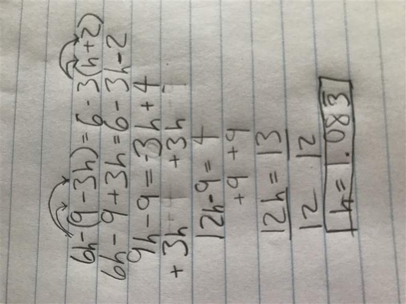 How many solutions can this get? 6h - (9 - 3h) = 6 - 3(h +2) A. infinitely solutions-example-1