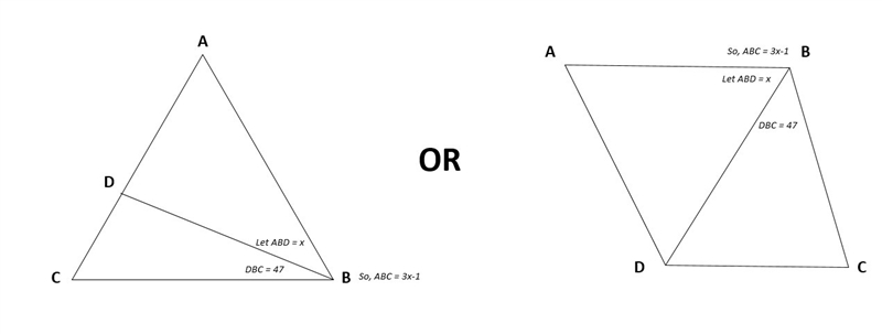 If angle ABC is one degree less than three times angle ABD and angle DBC=47 find each-example-1