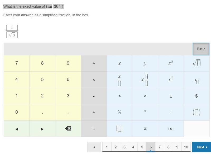 What is the exact value of tan 30° ? Please write as a simplified fraction.-example-1