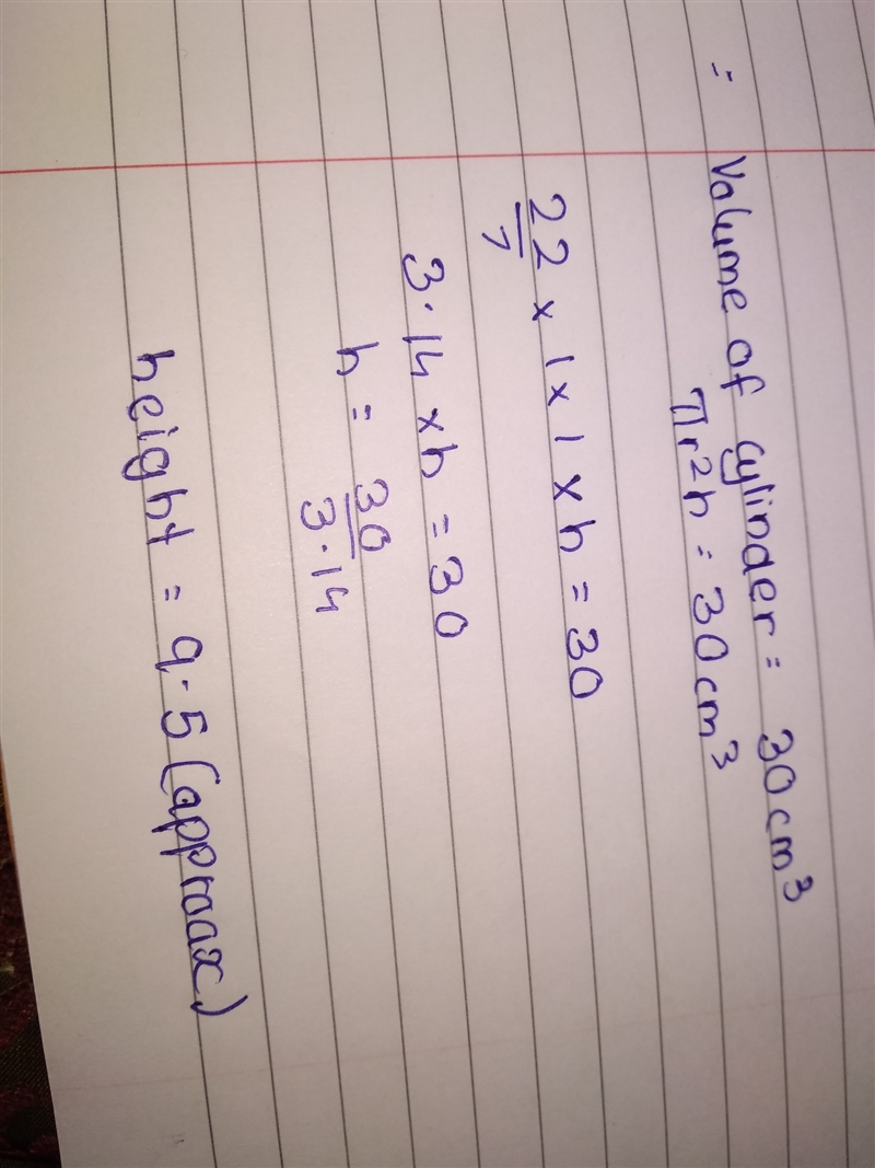 Find the height of a cylinder with a volume of 30 in cubed and a radius of 1 in-example-1