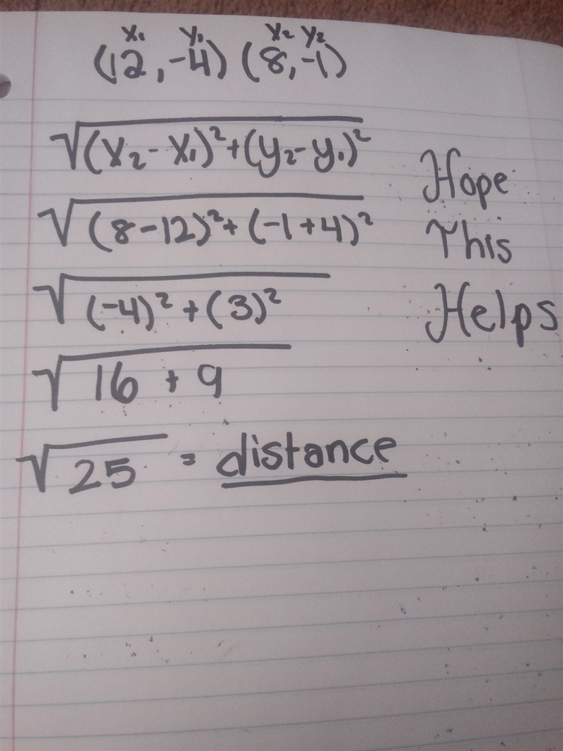 What is the distance between (12,-4) and (8,-1)-example-1