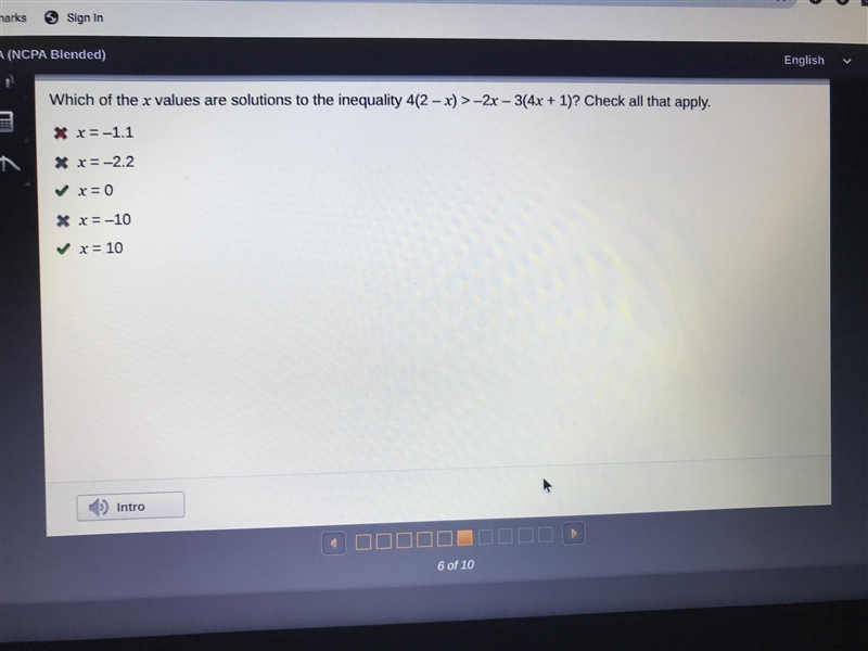 which of the x values are solutions to the inequality 4(2 - x) > -2x - 3n( 4x + 1)? check-example-1