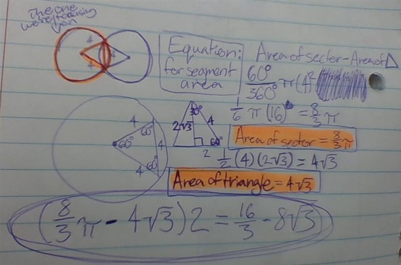 Find the area of the shaded portion intersecting between the two circles. Show all-example-1