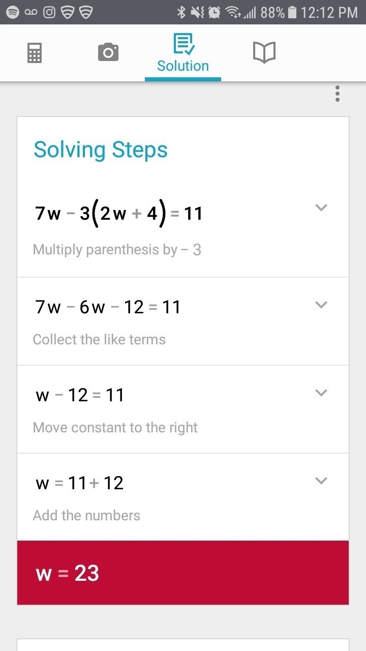 solve for w. 7w-3(2w+4)=11. give your answer as just a number. do not include W=.. just-example-1