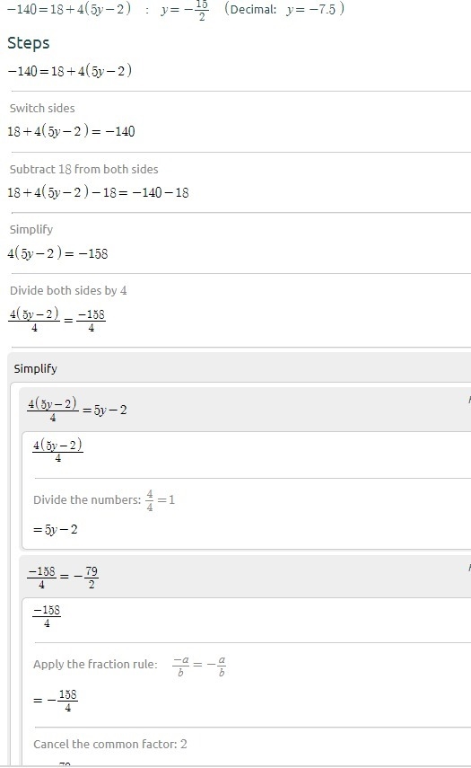 Please help Solve for y. −140=18+4(5y−2)-example-4