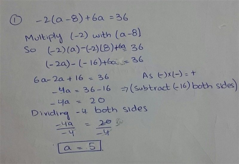 Two questions plz help asap. 1.what is the value of a? -2(a - 8) + 6a = 36 2. whats-example-2