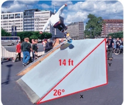 Ron wants to build a ramp with a length of a 14 ft and an angle of elevation of 26 degrees-example-2