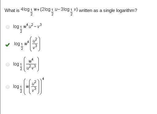 What is 4log 1/2w+(2log 1/2u-3log 1/2v) written as a single logarithm-example-1