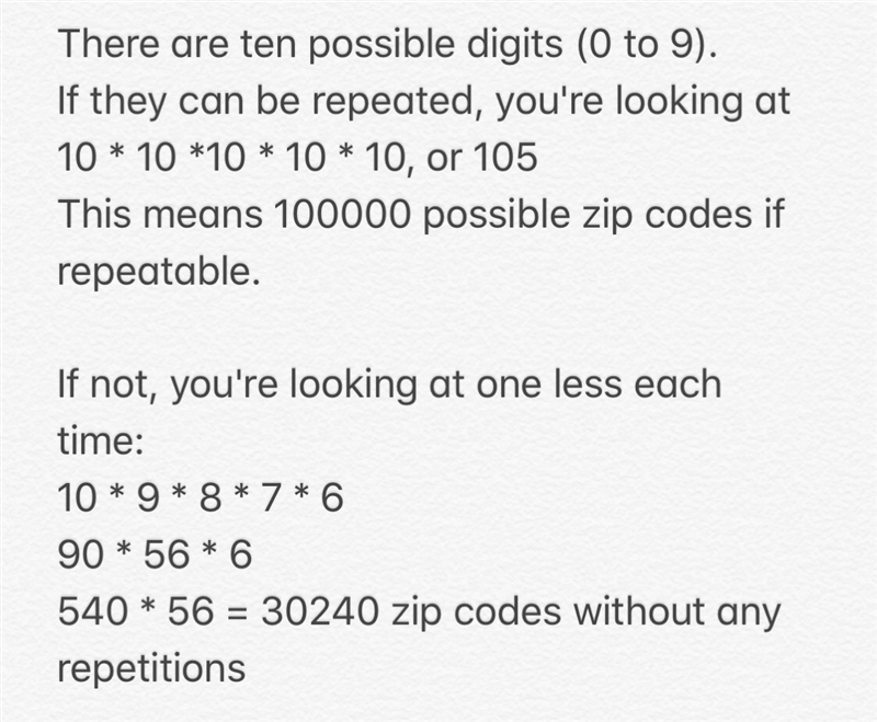 zip codes in the United States are five digit combinations of numbers, such as 48104 or-example-1