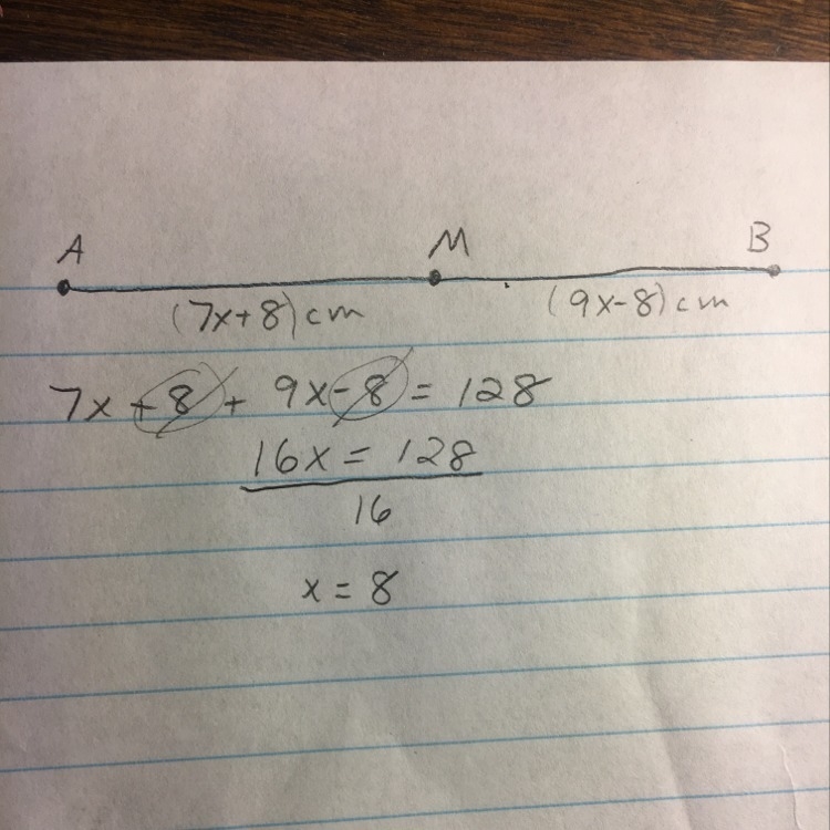 Consider the line AB is 128cm long, what is x?-example-1