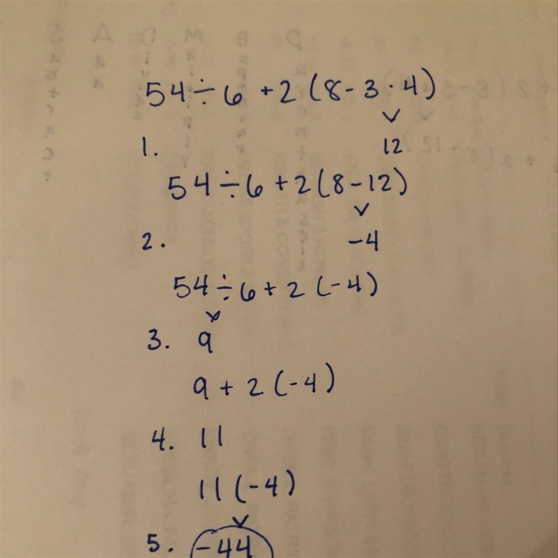 Can anyone help me and show me how to get the answer to this problem 54➗6+2(8-3*4)-example-1