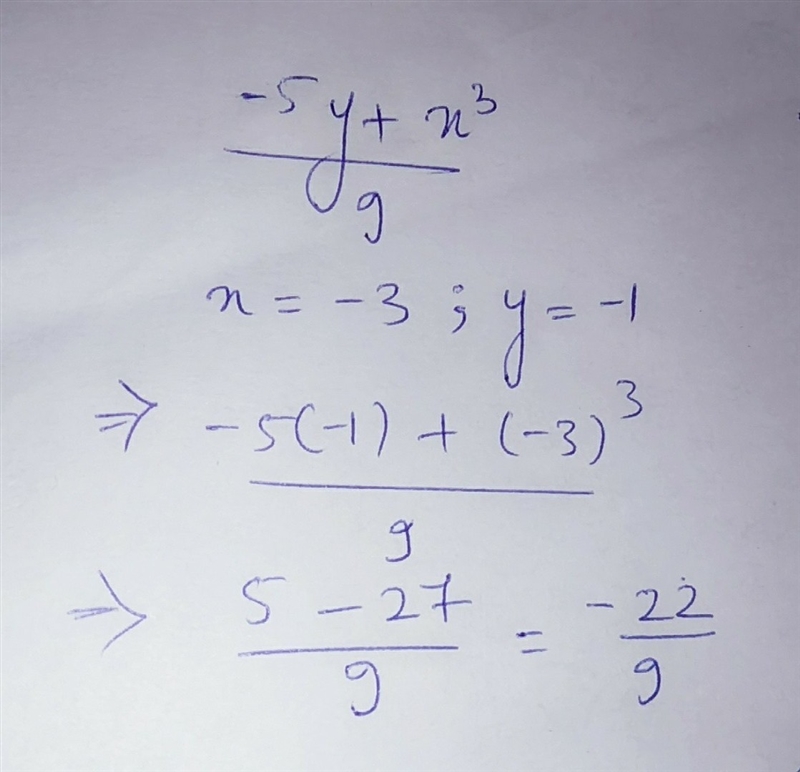 −5y+x3÷9 when x=−3 and y=−1.-example-1