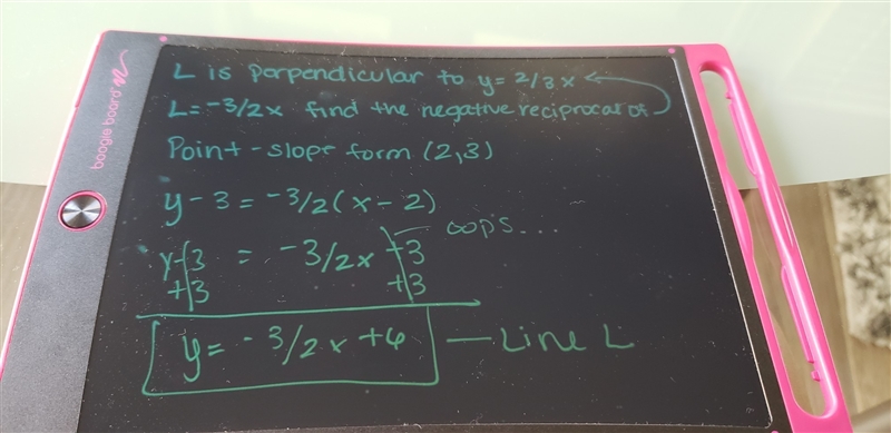 Find an equation of the line L, where L is perpendicular to y=2/3x and passes through-example-1