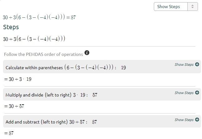 Evaluate 30+3(6-(3-(-4)(-4)-example-1