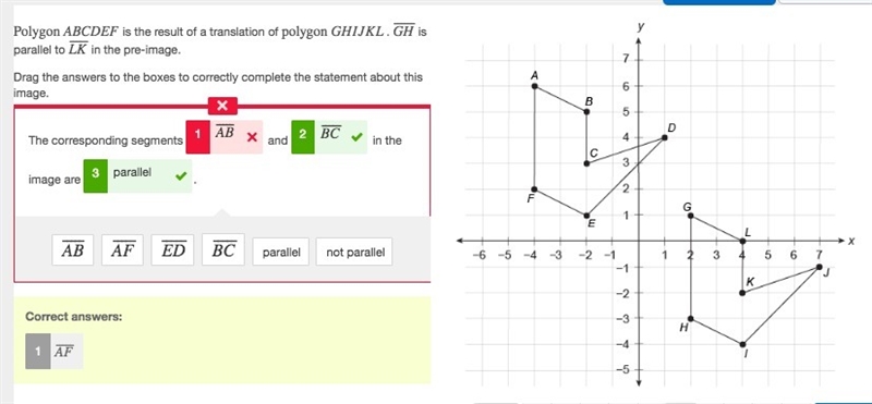 Polygon ABCDEF is the result of a translation of polygon GHIJKL . GH¯¯¯¯¯¯ is parallel-example-1