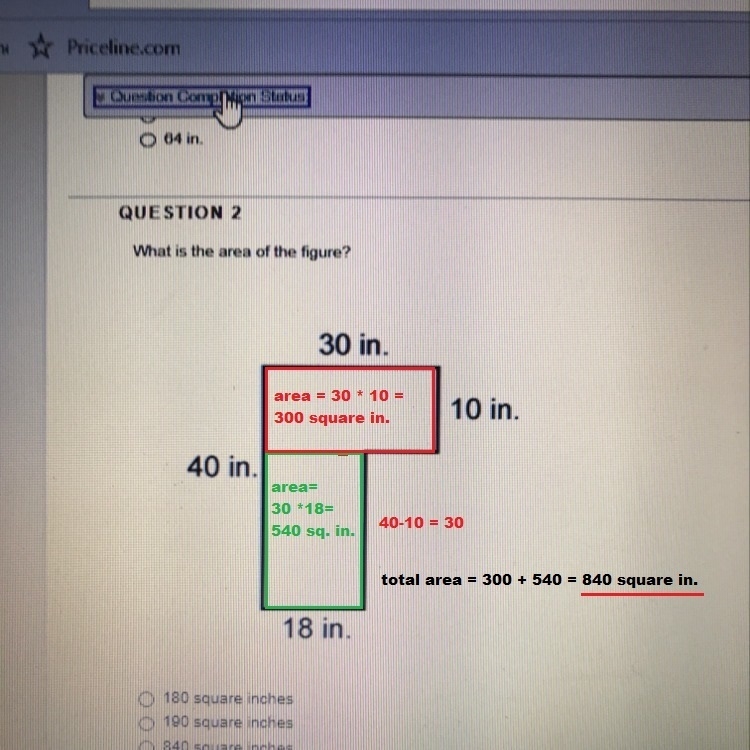 What is the area of this figure? A. 180 square inches B. 190 square inches C. 840 square-example-1