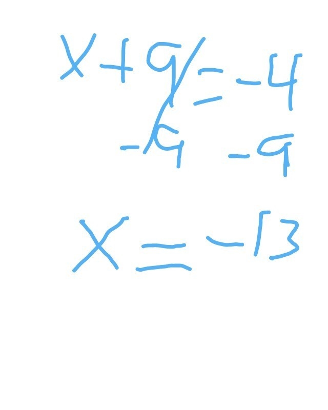 What is the solution to this equation? x+9=-4-example-1