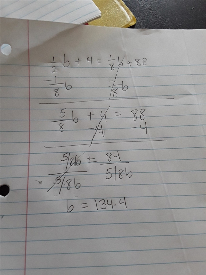 How to solve 1/2b+4=1/8b+88-example-1