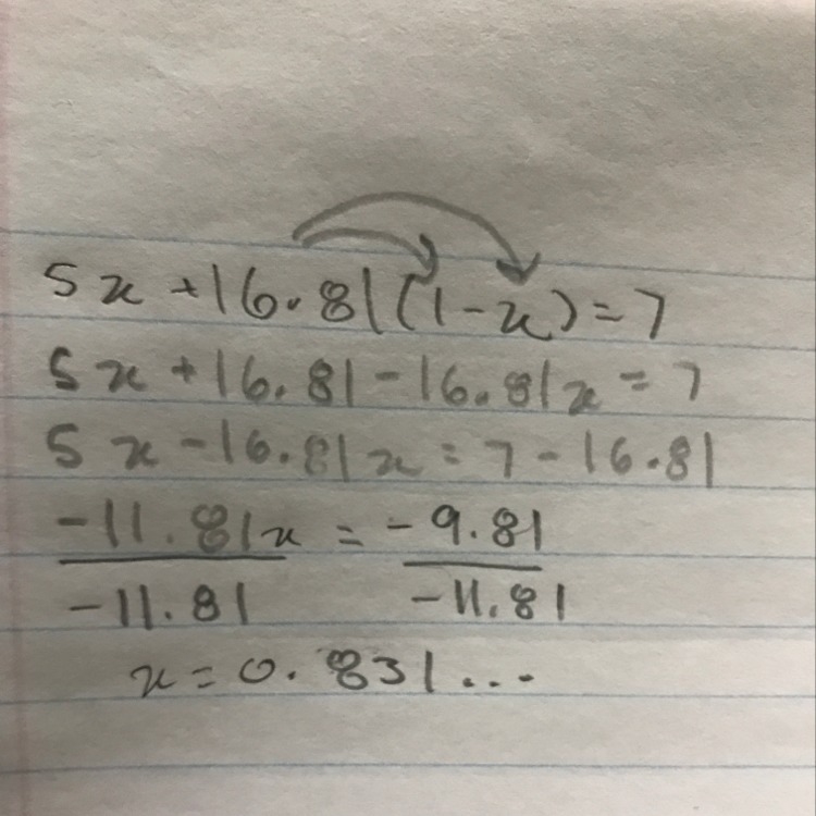 How do I solve5 (X) +16.81 ( 1 - X) = 7-example-1