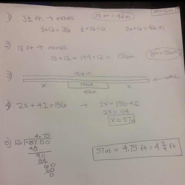 Mike wants to put a 3 1/2 ft. table against a 13 ft. wall. If he centers the table-example-1