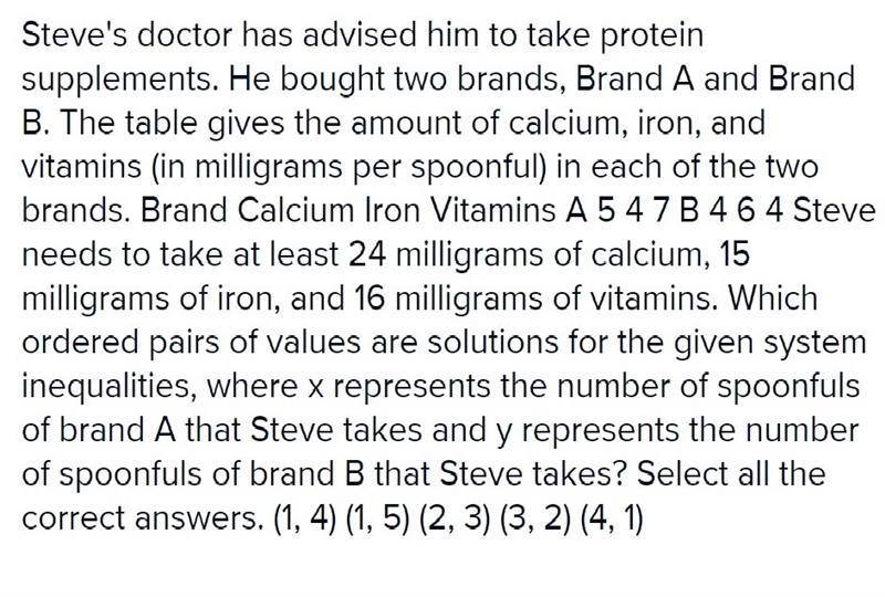 Steve needs to take at least 24 milligrams of calcium, 15 milligrams of iron, and-example-1