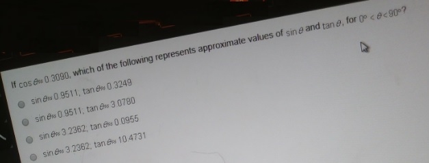 If cos theta=0.3090, which of the following represents approximate values of sin theta-example-1