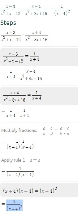 What is the simplified form of x minus 3 over x squared plus x minus 12 ⋅ x plus 4 over-example-1