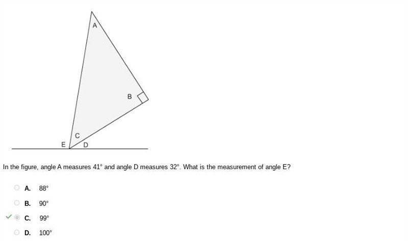 In the figure, angle A measures 41° and angle D measures 32°. What is the measurement-example-1