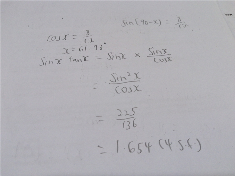 Given that cos x=8/17 find the value of sin x tan x and sin(90-x)-example-1