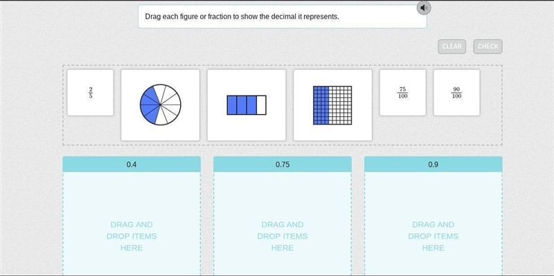 Drag each figure or fraction to show the decimal it represents.-example-1