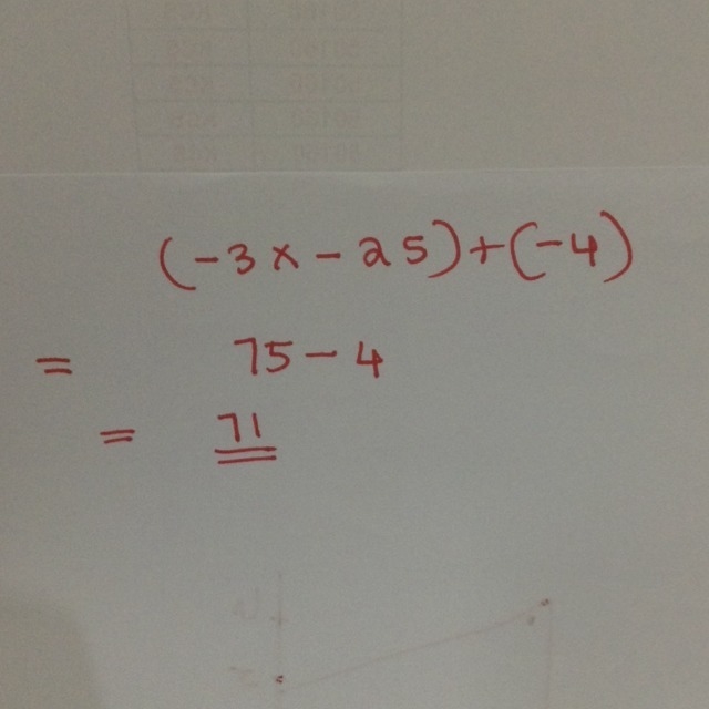 Whats the steps for (-3×-25)+(-4)-example-1