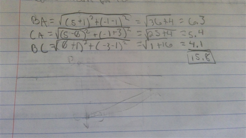 What is the perimeter of triangle ABC with the points A=(5,-1) B=(-1, 1) C=(0,-3), rounded-example-1