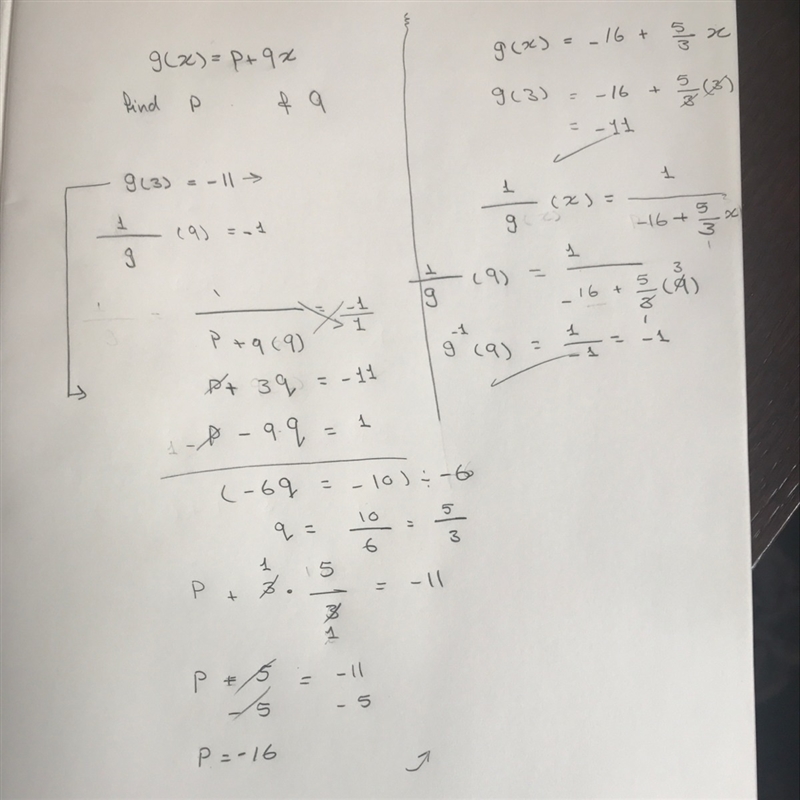 Given function g(x)=p+qx,find p and q respectively if g^-1(9)=-1 and g(3)=-11-example-1