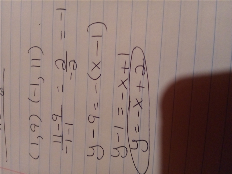 What is the equation in point-slope from of the line passing through (1,9) and (-1, 11)-example-1