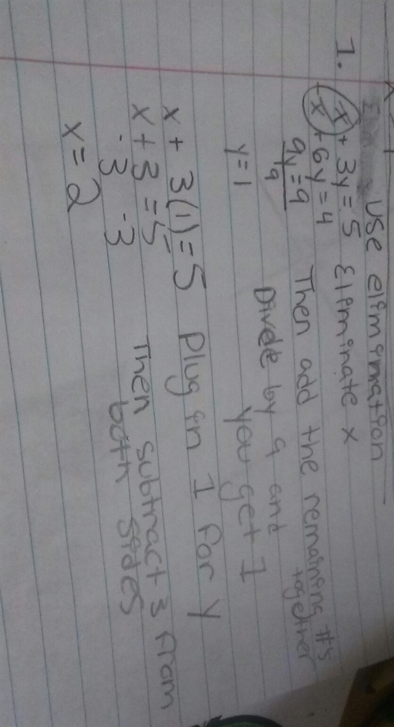 X+3y=5 -X+6y=3 solve the system of equation A.X=1,Y=2 B.X=2,Y=1 C.X=1, Y=1 D.X=0, Y-example-1