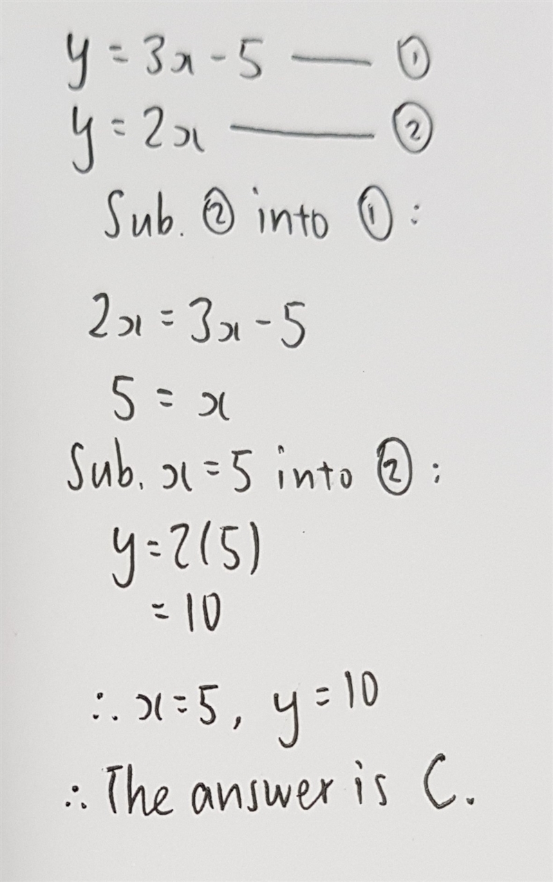 Y=3x-5 y=2x what is the solution of the system of equations shown above ? A)1,-2 B-example-1