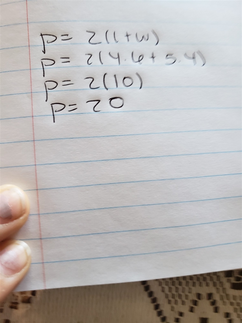 A rectangular room is 4.6 meters wide by 5.4 meters long. What is it’s perimeter?-example-1