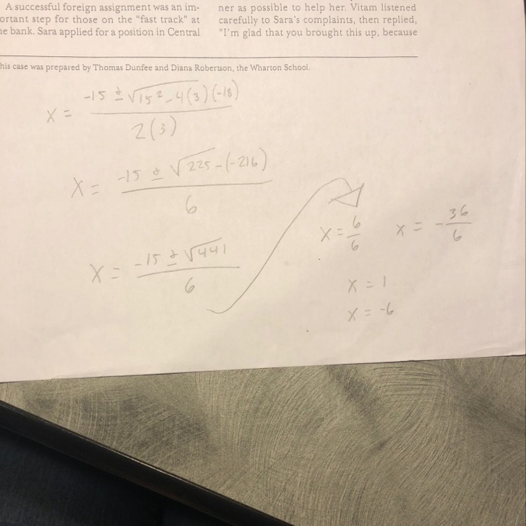 What are the solutions to the quadratic equation 3x^2+15x-18=0-example-1