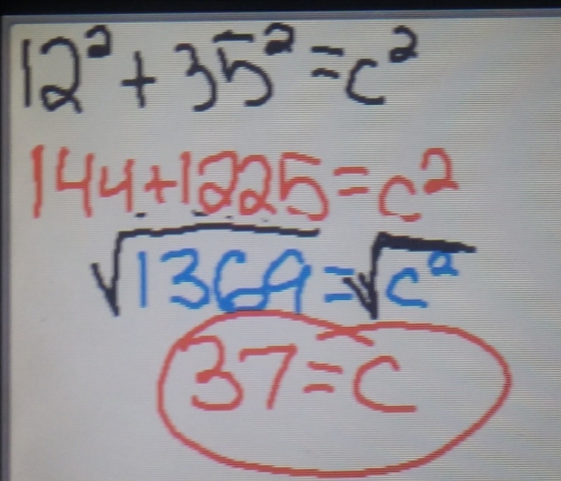 35 feet. The distance from the slide to the bench is 12 feet. Use the Pythagorean-example-1