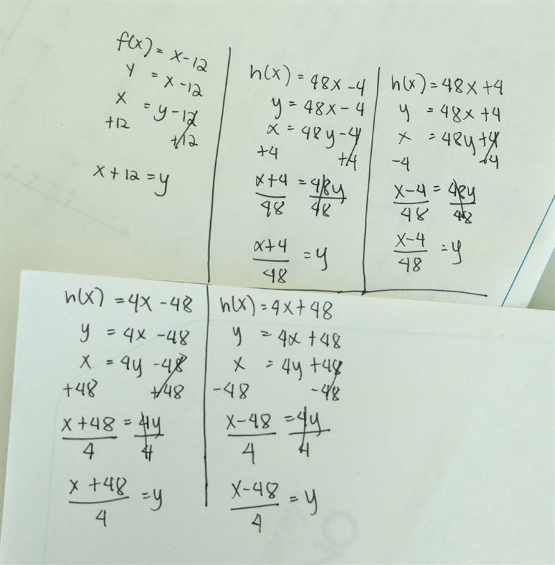 What is the inverse of the function f(x) = x – 12? h(x) = 48x – 4 h(x) = 48x + 4 h-example-1