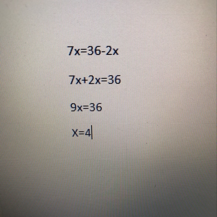 What is the value of x? 7x = 36 - 2x-example-1