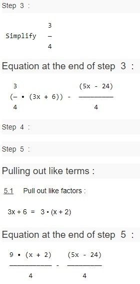 3/4(3x+6)−1/4(5x−24) x has no value, I just need help simplifying, thanks :)-example-2