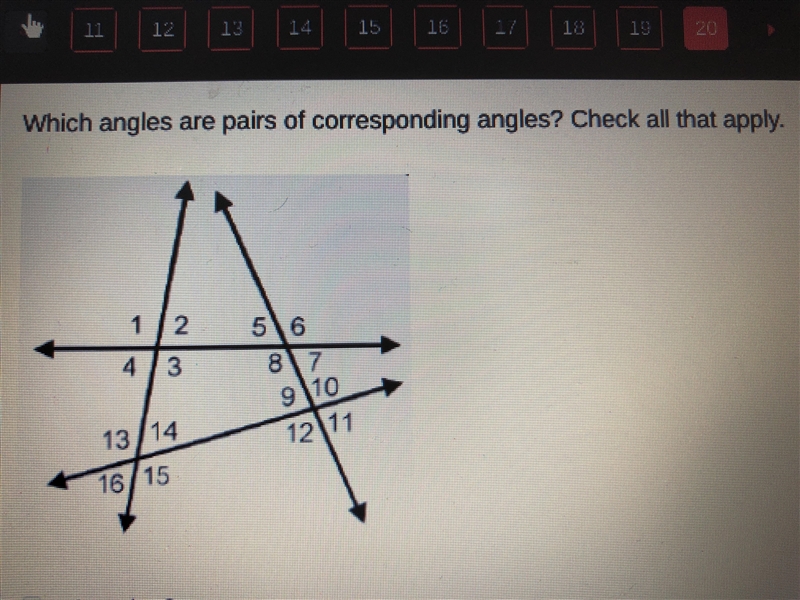 Which angles are pairs of corresponding angles? Check all that apply.-example-1